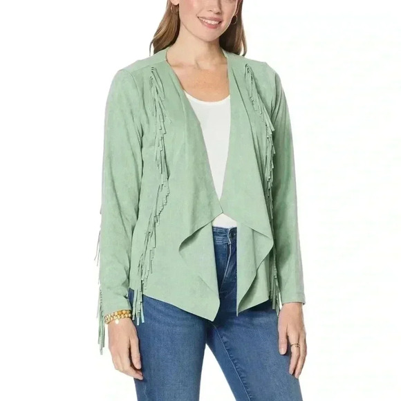 NWT Colleen Lopez Faux Suede Fringe Lightweight Jacket Sage Green Sz S - Picture 1 of 7